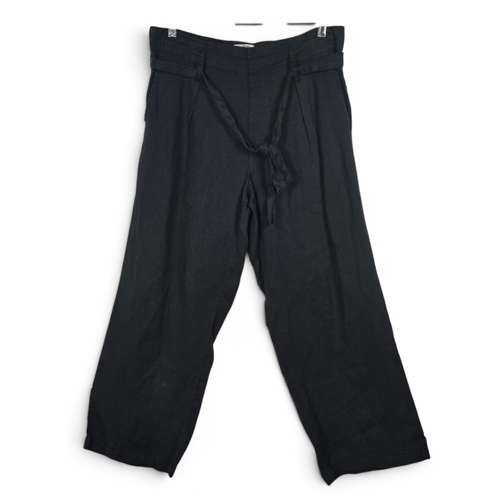 Nicole Miller New York Black 100% Linen Wide Leg Cropped Pants Small Tie Waist